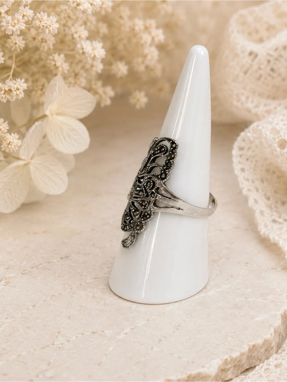 Silver Metal Marcasite Large Butterfly Ring Size 9.5